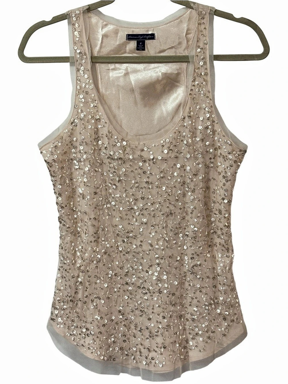 American Eagle Blush Pink Tank Top Silver Sequin Light Mesh Layer S 4 Y2K Preppy